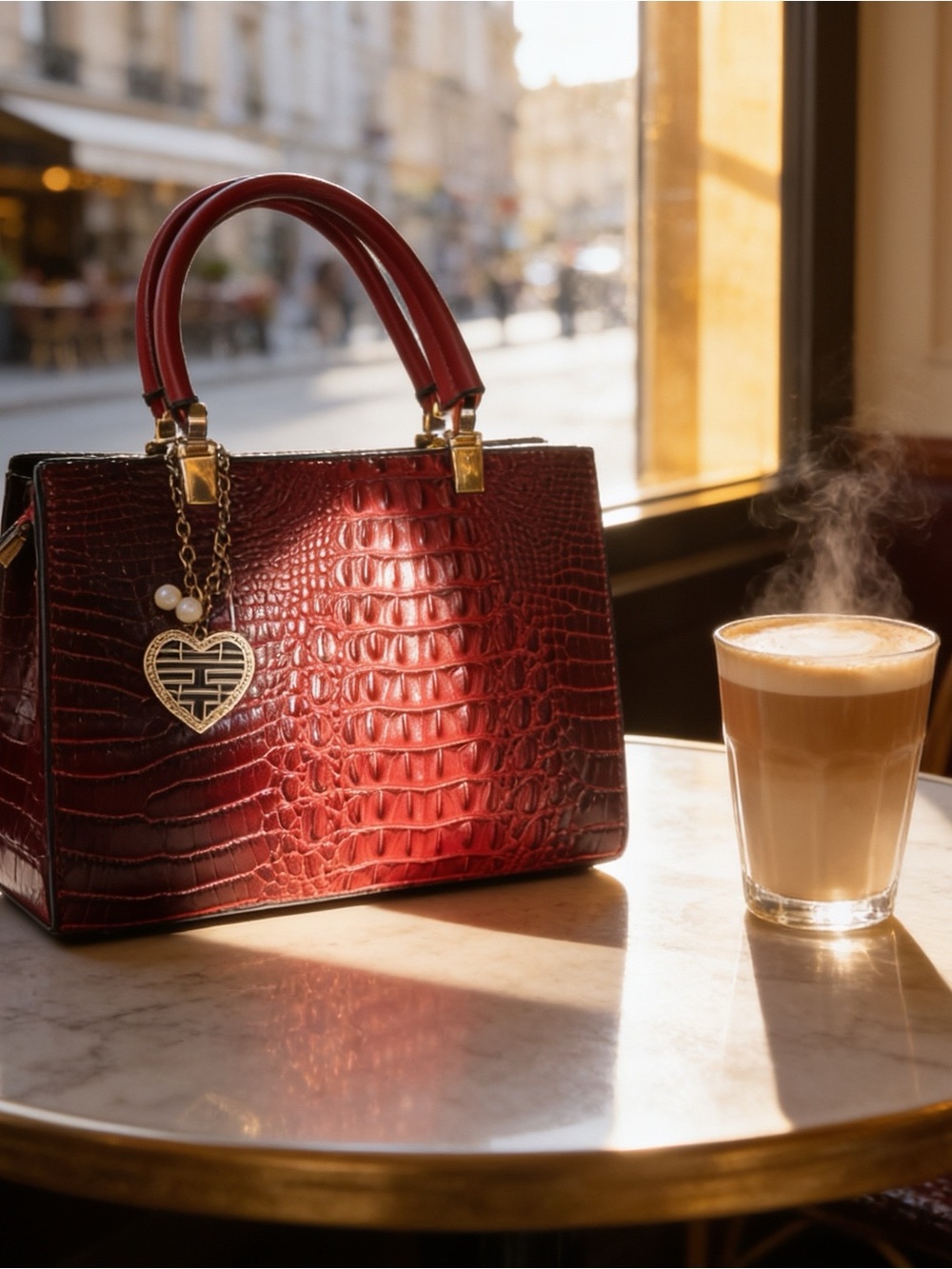 NEW Red Croc-Texture Structured Satchel with Heart Charm